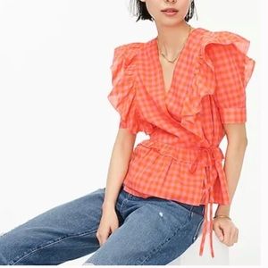 J Crew Ruffle Wrap Top Gingham Orange Pink Sz Medium